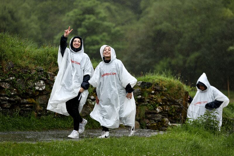 Dina Abdeen and Sara Kord of the Palestine women's football team at Glendalough Visitor Centre in Glendalough, Co Wicklow on Monday. Photograph: Ben Brady/Inpho