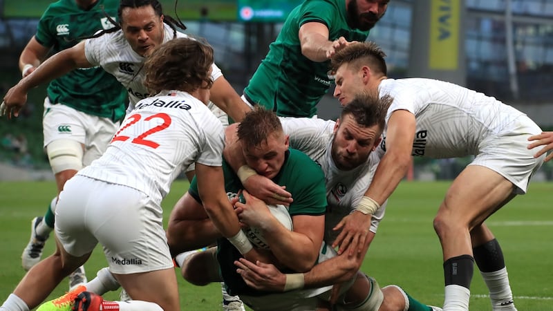 Ireland’s Gavin Coombes scores a try during the game against the USA. Photograph: Donall Farmer/PA Wire