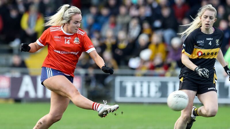 Kilkerrin-Clonberne’s Chloe Miskell fires home her side’s goal during the final. Photograph: Lorraine O’Sullivan/Inpho