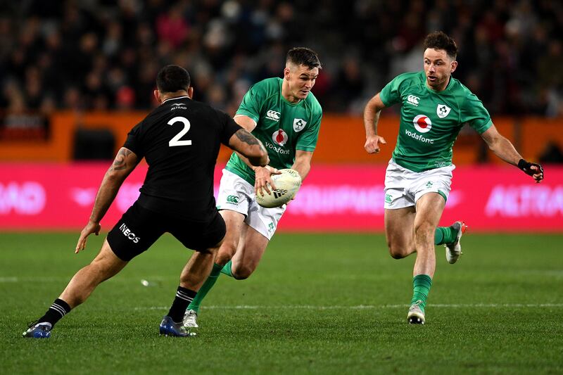 Johnny Sexton of Ireland charges forward against New Zealand. Photograph: Joe Allison/Getty