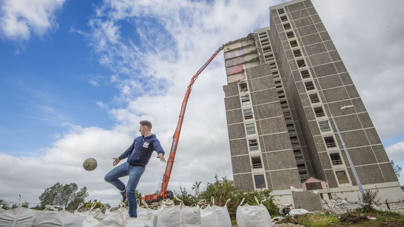 Philly McMahon in Ballymun before the felling of the last block, Joseph Plunkett tower, in 2015. Photograph: Brenda Fitzsimons