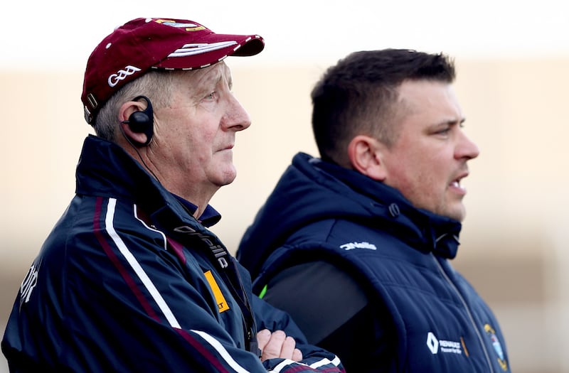 Former Westmeath manager Michael Ryan and selector Alan 'Budda' Mangan on sideline duty against Carlow in the AHL Division Two final in 2018. Photograph: James Crombie/Inpho 