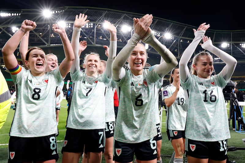 Wales' Amy James-Turner, Ceri Holland, Josie Green and Charlie Estcourt celebrate qualification. Photograph: Damian Eagers/PA Wire