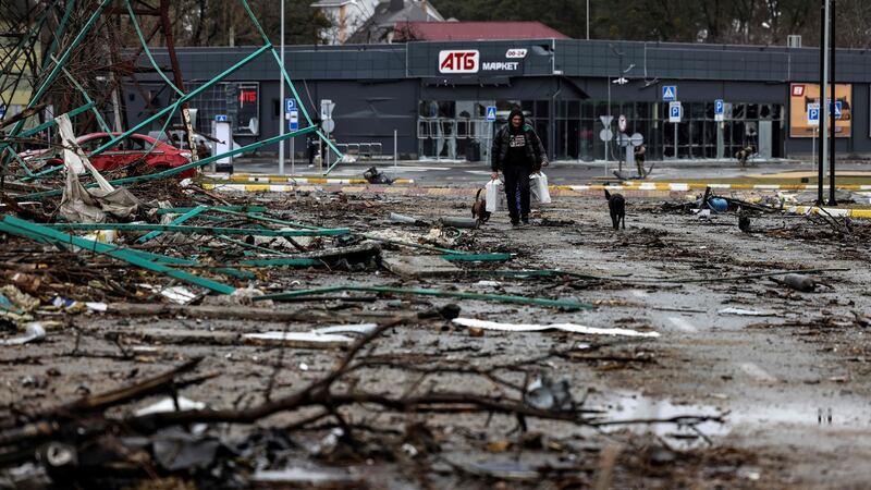 Bucha, northwest of Kyiv, where the bodies of civilians have been found in mass graves and littered on the streets. Photograph: Ronaldo Schemidt/AFP via Getty Images