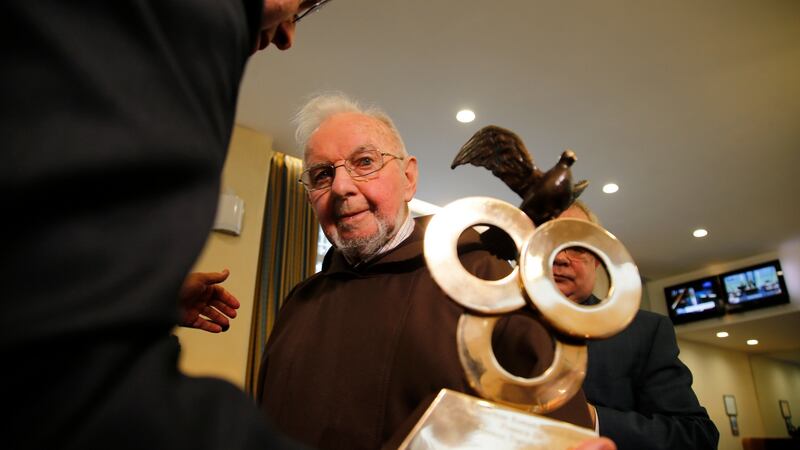 Br Kevin Crowley with the Human Dignity Award. Photograph: Nick Bradshaw