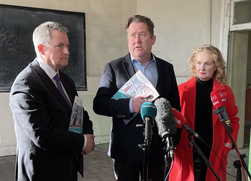 Minister for Housing Darragh O'Brien (centre), with Minister of State at the Department of Housing Kieran O'Donnell and Senator Mary Fitzpatrick, as Mr O'Brien launched the third round of the Urban Regeneration and Development Fund to help boost housing supply amid worsening rates of homelessness. Photograph: Grainne Ni Aodha/PA Wire