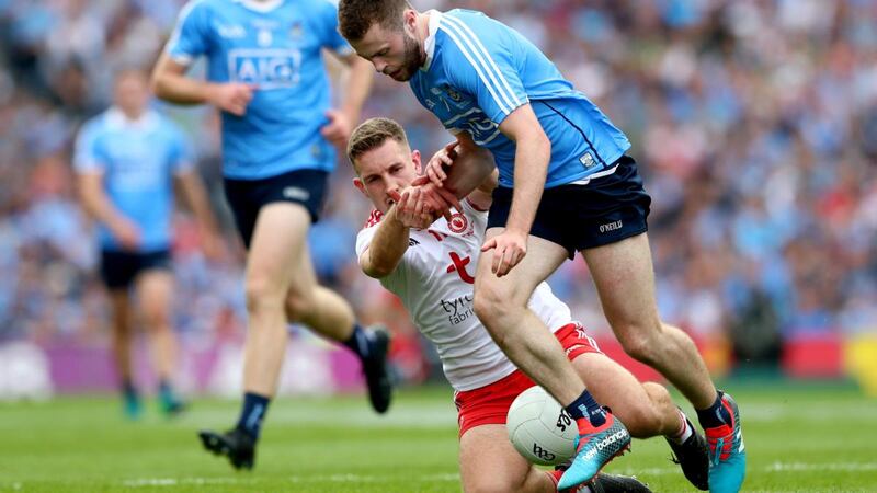 Niall Sludden tries to challenge Jack McCaffrey during’s Tyrone’s 2018 All-Ireland final defeat. Photograph: James Crombie/Inpho