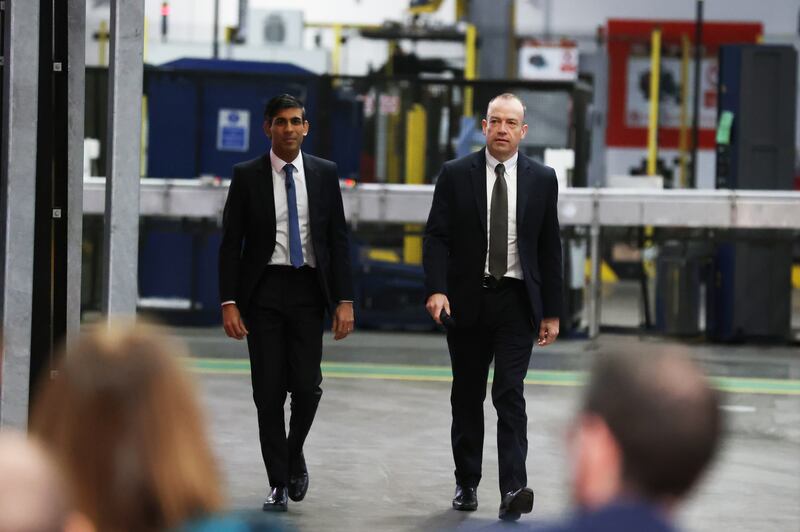 British prime minister Rishi Sunak and Northern Ireland secretary Chris Heaton-Harris in Lisburn at the end of February. Photograph: Liam McBurney/WPA Pool via Getty Images