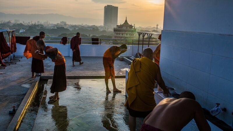 Buddhist monks and novices at the New Masoeyein monastery, the residence of Ashin Wirathu, spiritual leader of a hardline anti-Muslim movement, in Mandalay, Myanmar. Photograph: Minzayar Oo/The New York Times