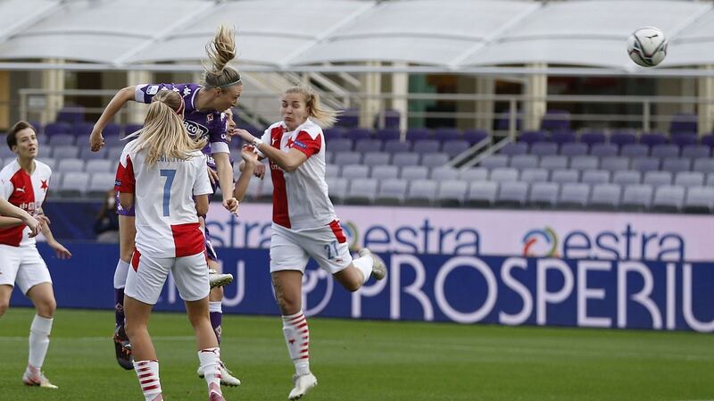 Louise Quinn heads home a goal for  Fiorentina during a  Women’s Champions League Round  match against Slavia Praha at Stadio Artemio Franchi in Florence last December. Photograph: Gabriele Maltinti/Getty Images