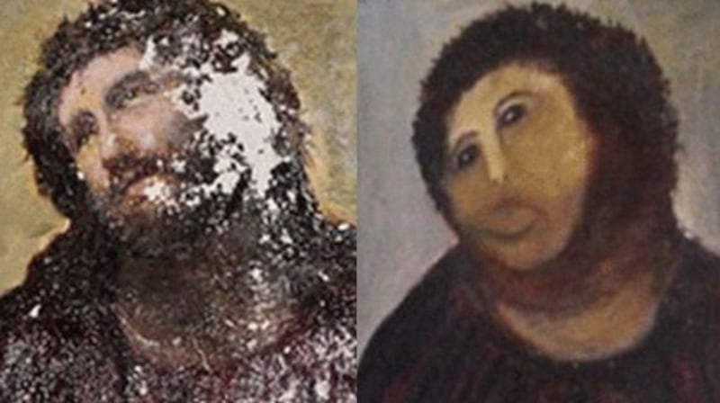 Botched restoration: Martinez’s Ecce Homo and its ‘Monkey Christ’ version. Photograph: Centro de Estudios Borjanos