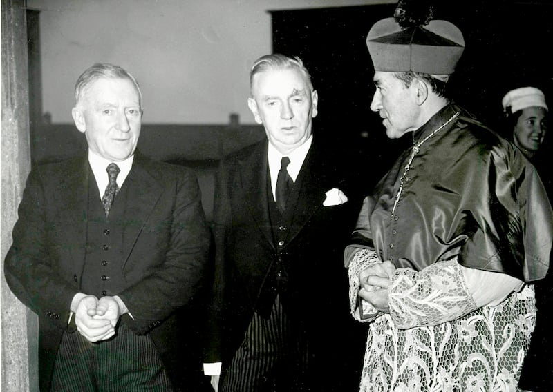 From left, minister for education Richard Mulcahy, taoiseach John A Costello and archbishop of Dublin John Charles McQuaid at the opening of Our Lady's Hospital for Sick Children in Crumlin in November 1956. Photograph: Eddie Kelly