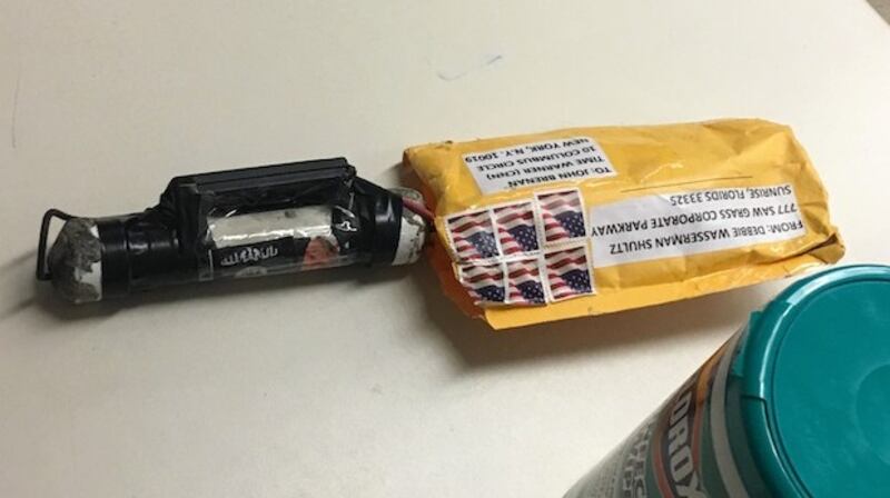 The bomb that was addressed to former CIA director John Brennan and delivered to CNN’s New York offices. Photograph: CNN via The New York Times