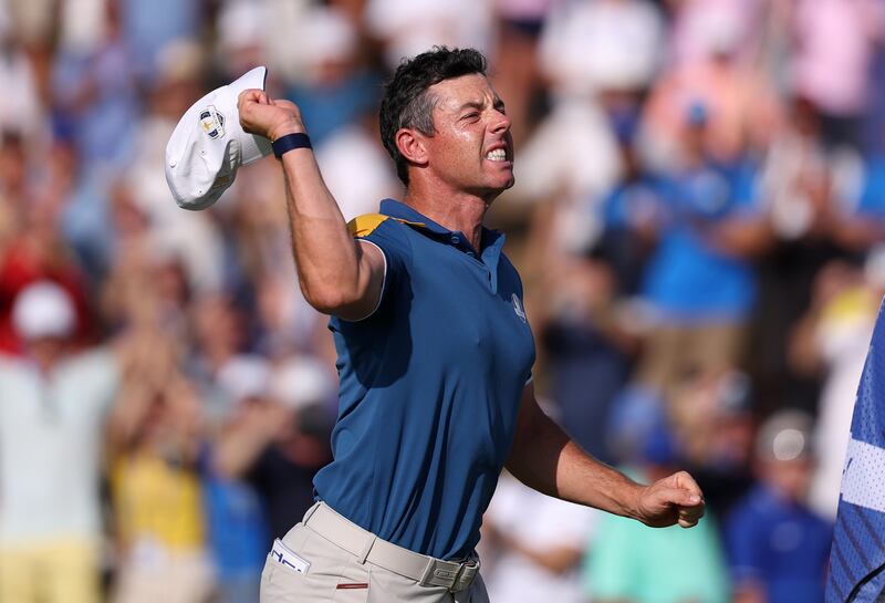 Rory McIlroy celebrates winning his singles match against Sam Burns during the final day of the Ryder Cup in Rome. Photograph: Richard Heathcote/Getty Images