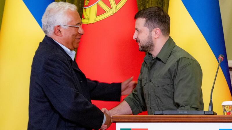 Ukrainian president Volodymyr Zelenskiy and Portuguese PM António Costa shake hands during a news conference after their meeting in Kyiv. Photograph: Ukrainian Presidential Press Office via AP