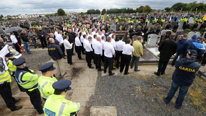 There was a strong Garda presence at the Alan Ryan commemoration march. Photographer: Dara Mac Dónaill/The Irish Times