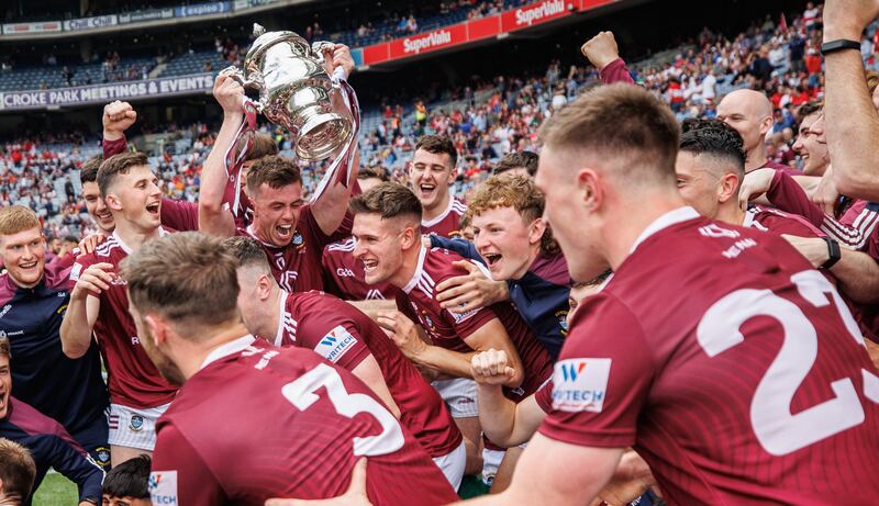 Ger Egan lifts the Tailteann Cup last July in his final game for the county. Photograph: James Crombie/Inpho