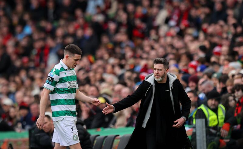 Shamrock Rovers' Stephen Bradley consoles Gary O'Neill during the defeat by Bohemians. Photograph: Ryan Byrne/Inpho