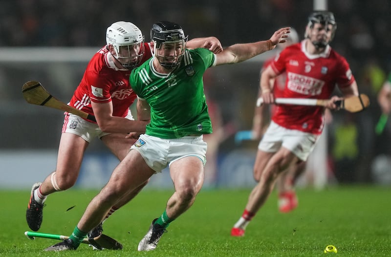 Aidan O’Connor of Limerick and Ciaran Joyce of Cork at Páirc Uí Chaoimh on February 1st. 
Photograph: James Lawlor/Inpho