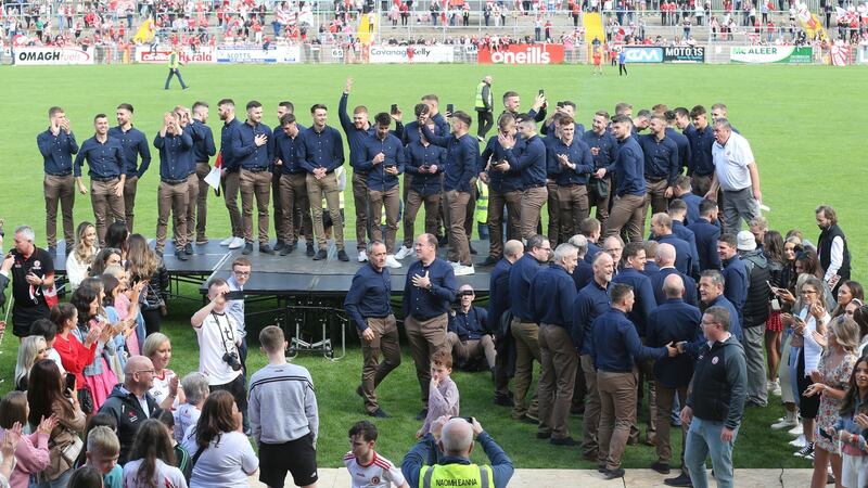 All-Ireland champions Tyrone are greeted by the fans   in Healy Park in Omagh after  triumphing over Mayo in Saturday’s All-Ireland final. Photograph: Pacemaker