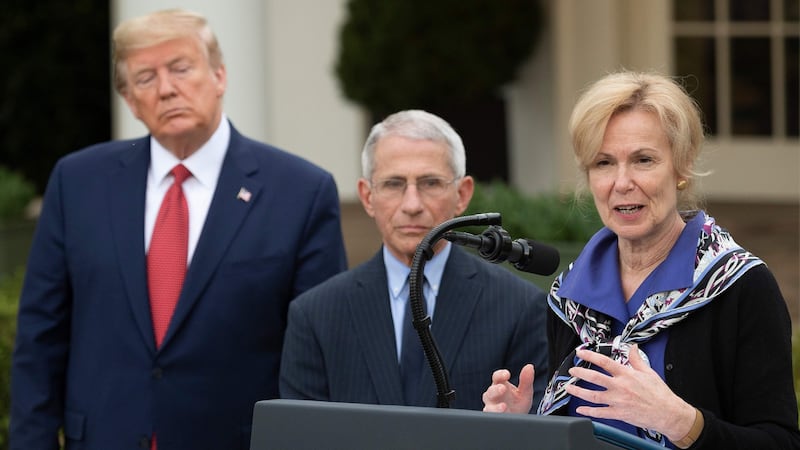 Dr Deborah Birx and Dr Anthony Fauci, with then president Donald Trump,  during a coronavirus task force press briefing at the White House on March 29th, 2020. Photograph: Jim Watson/AFP via Getty Images