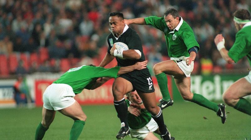 Jonah Lomu in action against Ireland in the opening game. Photograph: Billy Stickland/Inpho