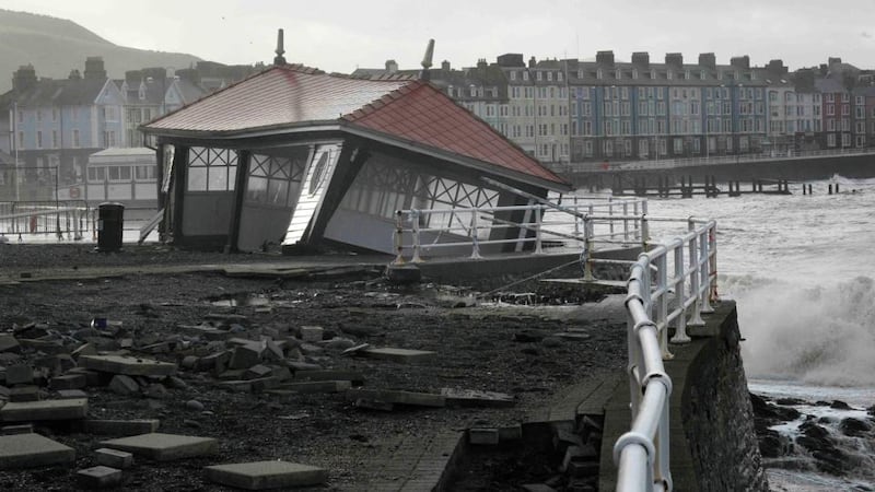 Storm damage is seen on the promenade at Aberystwyth mid Wales yesterday. Photograph: Rebecca Naden/Reuters