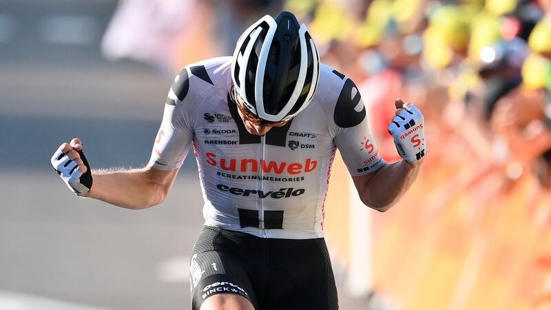 Denmark’s  Soren Kragh Andersen of Team Sunweb celebrates winning stage  19 of the Tour de France from Bourge-en-Bresse to Champagnole. Photograph: Marco Bertorello/EPA