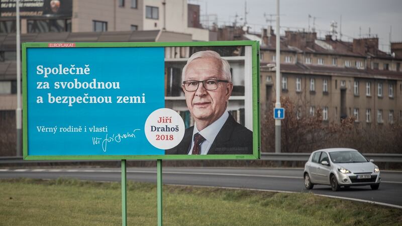 An election poster for presidential candidate Jiri Drahos ahead of the  second round of presidential elections in Prague, Czech Republic.  The slogan reads: “Together for a free and safe country”. Photograph: Martin Divisek/EPA