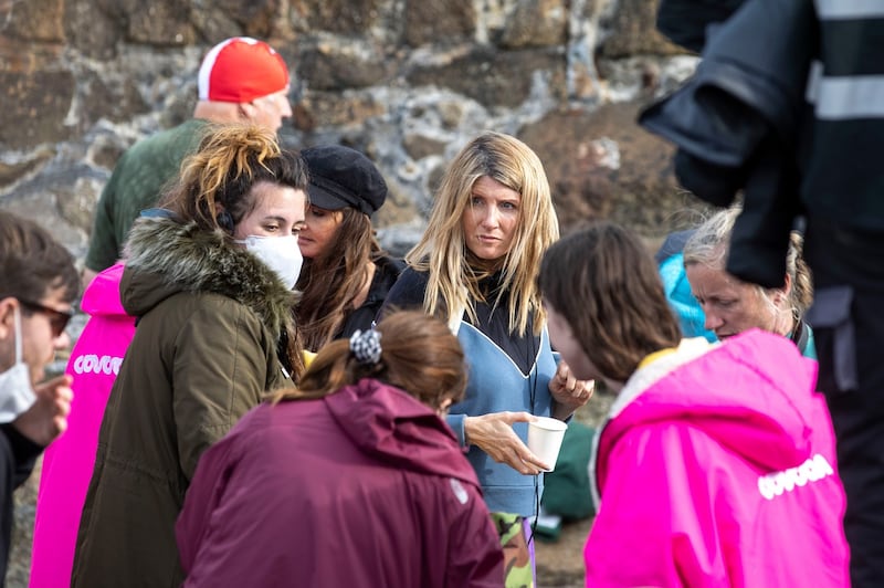 Emerald: Sharon Horgan (centre) at the Forty Foot in south Dublin this week. Photograph: Tom Honan