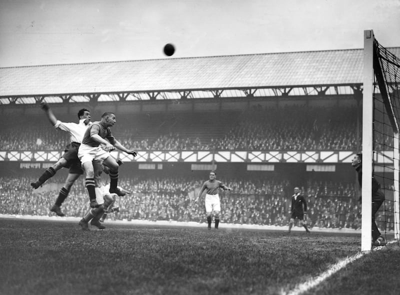 Dixie Dean and Andrew McCluggage during an international match between England and Ireland. Photograph: Topical Press Agency/Getty Images