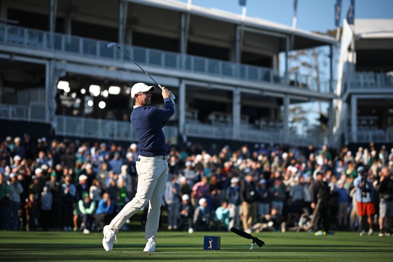 Rory McIlroy plays his shot from the 17th tee during the play-off of the Players Championship. Photograph: Jared C Tilton/Getty Images