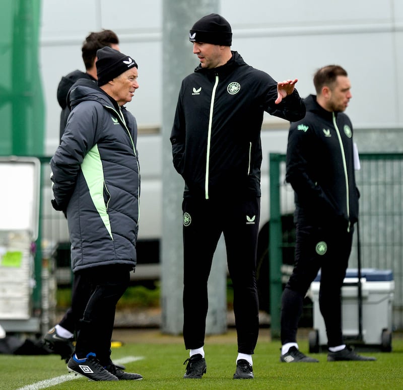 Ireland's technical advisor Brian Kerr with interim head voach John O'Shea. Photograph: Ryan Byrne/Inpho