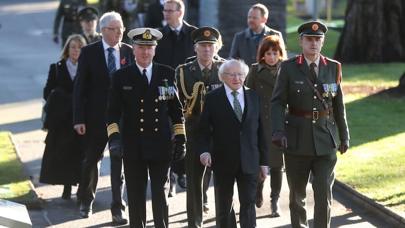 Vice-Admiral Mark Mellett with Michael D Higgins at a ceremony marking the centenary of Armistice Day at Glasnevin Cemetery in Dublin. Photograph: Niall Carson/PA Wire