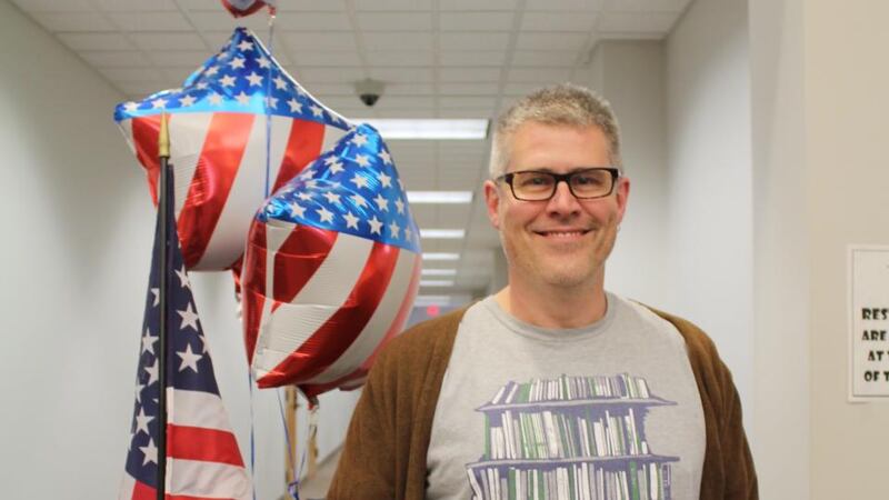 Teacher Erik Burgeson (48) early-voting in the US presidential election at a voting centre in Delaware County, central Ohio. Photograph: Simon Carswell