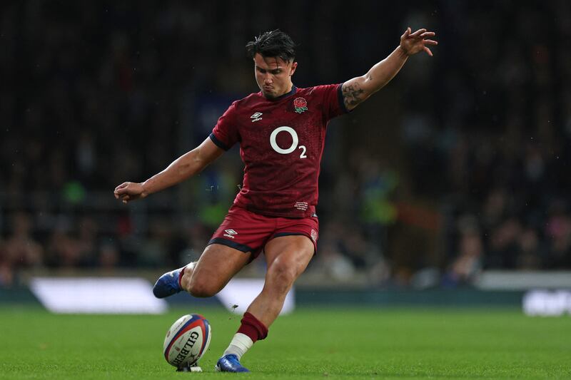 England's fly-half Marcus Smith attempts a conversion during the Autumn Nations Series International rugby union test match between England and Japan at the Allianz Stadium, Twickenham, London, in November. Photograph: Adrian Dennis/AFP via Getty Images