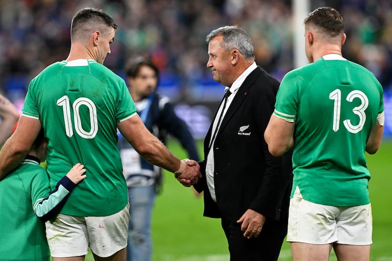 Jonathan Sexton with New Zealand head coach Ian Foster following Ireland's World Cup quarter-final defeat in Paris. Photograph: Andrew Cornaga/Inpho