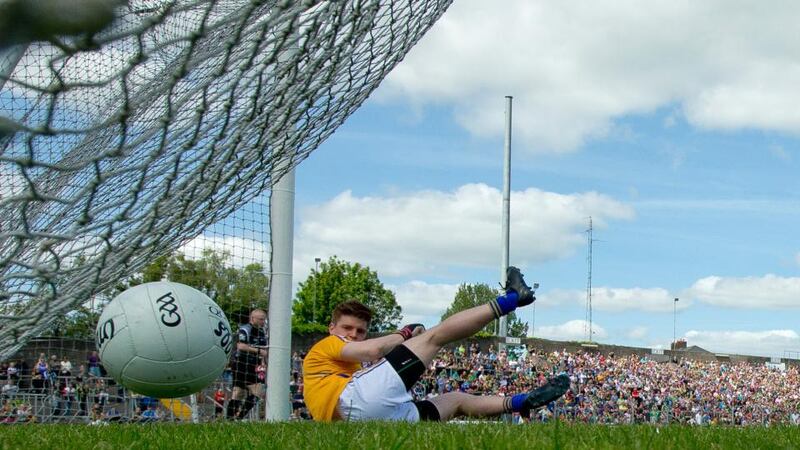 Wicklow goalkeeper Robert Lambert is beaten from the penalty spot by Meath’s Andrew Tormey during the Leinster SFC game at Páirc Tailteann. Photograph: Morgan Treacy/Inpho.