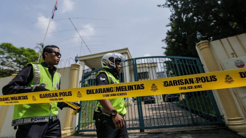 Malaysian police cordon the main entrance to the North Korean Embassy in Kuala Lumpur, Malaysia, 7th March 2017. Photograph: EPA/Ahmad Yusni