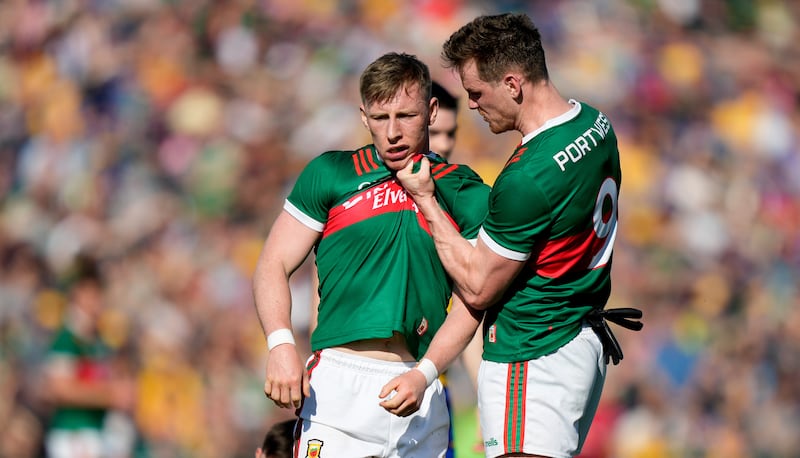 Ryan O’Donoghue and Matthew Ruane of Mayo. Photograph: James Lawlor/Inpho   