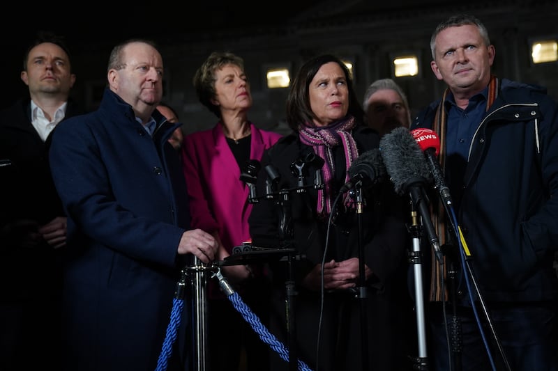 Labour leader Ivana Bacik (centre left), Sinn Féin president Mary Lou McDonald (centre) and Richard Boyd Barrett (right) speak to the media  outside Leinster House, Dublin last night. Photograph: Brian Lawless/PA Wire