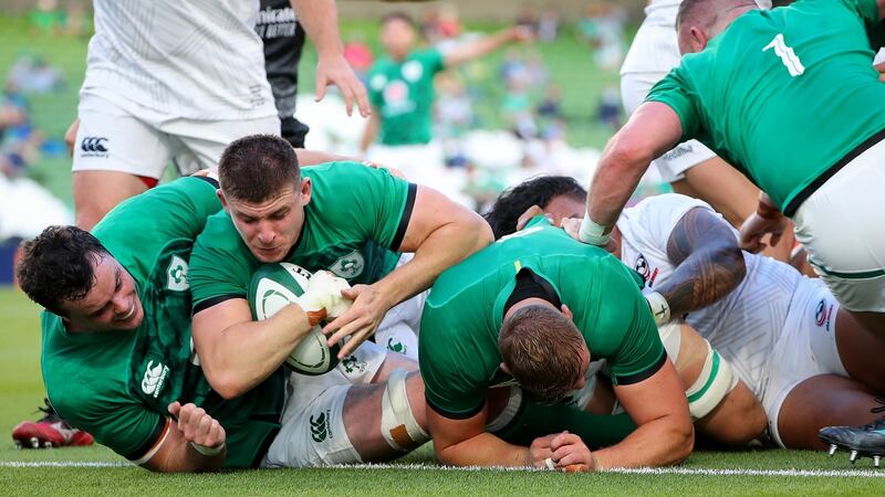 Ireland’s Nick Timoney scores a try at the Aviva Stadium. Photograph: Ryan Byrne/Inpho