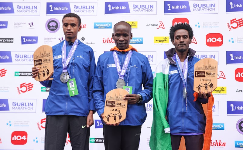 Abebaw Desalew (2nd place), Moses Kemei (1st place) and Hiko Tonosa (3rd place). Photograph: Ben Brady/Inpho