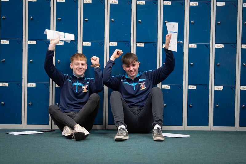 Students Luke Power and Anthony Dowling from St Michael's in Listowel, Co Kerry, with their Leaving Cert results. Photograph: Domnick Walsh