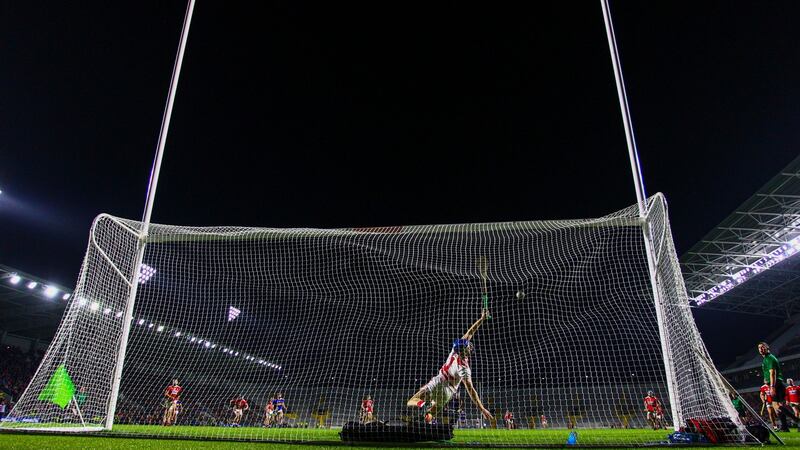 Cork’s Patrick Collins fails to save a penalty from Tipperary’s Brian Hogan. Photograph: Ken Sutton