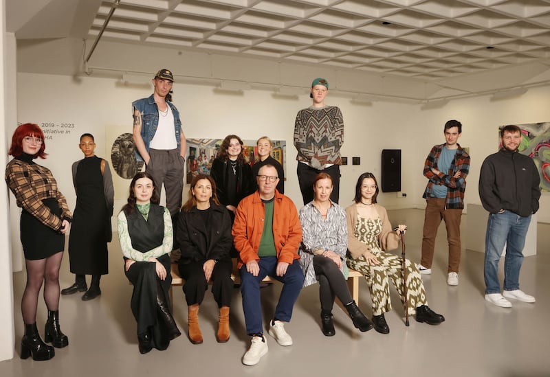 Front row: Heather Hughes (artist), Rebecca Kelly (RDS), Claire Ritchie (artist), Colin Martin (RHA Gallery), Karen Phillips (RDS), Keara Simonsen (artist), Kyle Fairbanks (artist), Fionn Timmins (artist); back row: Mary Madeleine McCarroll (artist), Cahal O’Connell – Miss Mary Jane (artist), 
Ava Lowry (artist), Sorcha Browning (artist) and Stell de Burca (artist). Photograph: Leon Farrell/Photocall Ireland