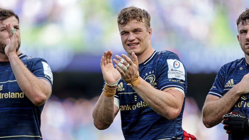 Leinster’s Josh van der Flier celebrates after their semi-final win over Toulouse in the Champions Cup. Photograph: Laszlo Geczo/Inpho