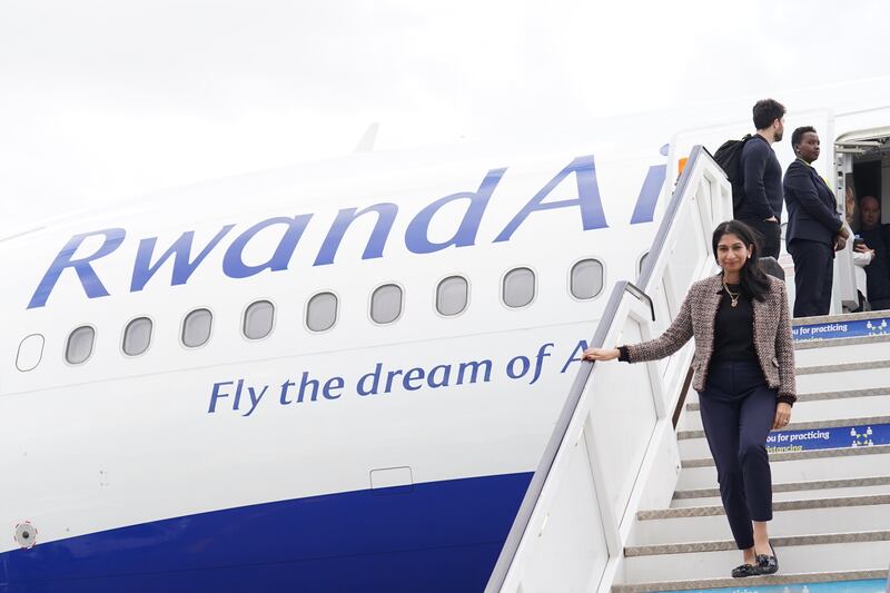 Suella Braverman at Kigali International Airport on a visit to Rwanda in March, when she was Britain's home secretary. Photograph: Stefan Rousseau/PA Wire