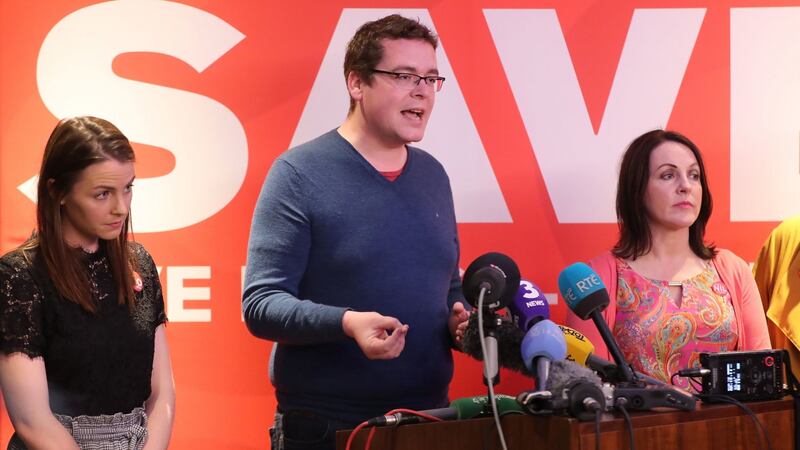 Abigale Malone (left), John McGuirk and Niamh Ui Bhriain at the final Save the 8th press conference in Dublin. Photograph: Niall Carson/PA