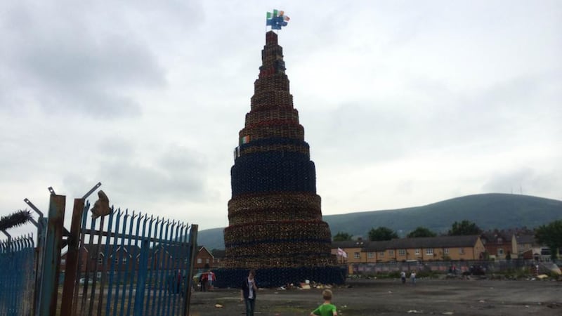 The nearly 80 foot tall bonfire pyre at Lanark Way near the Shankill Road in Belfast before it was set alight as part of the Eleventh Night celebrations. Photograph: Dan Griffin/The Irish Times